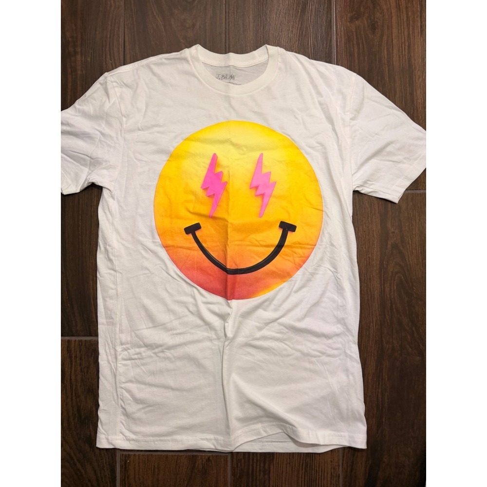 J Balvin x FriendsWithYou White Graphic T-Shirt Smiley Face Lightning Eyes Med